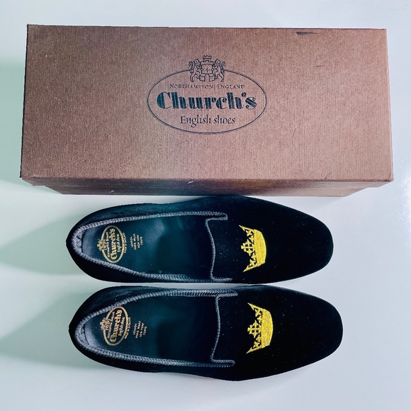 Church's Sovereign Black Velvet Gold Crown Embroidered Men's Evening Loafers 7 F - Picture 3 of 16